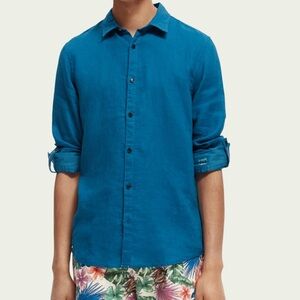Scotch & Soda NWT Linen Button Down Medium Long Sleeves Deep Turquoise Blue